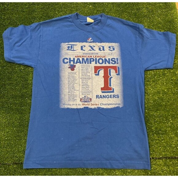 Majestic Other - Texas Rangers shirt medium mens blue World Series Y2K Majestic unisex adult 2011